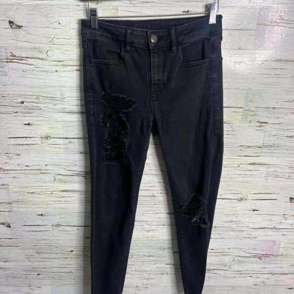 American Eagle Outfitters High Rise Jeggings Black Jeans 6 short distressed - Picture 1 of 9